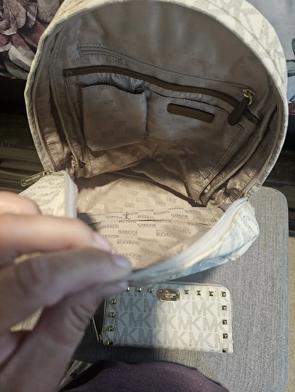 Michael Kors Cream MK Large Jet Set Logo Backpack and Wallet with Gold Studs